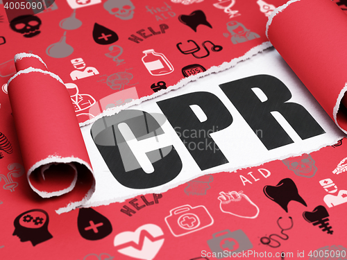 Image of Medicine concept: black text CPR under the piece of  torn paper
