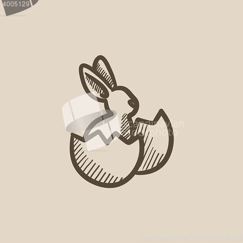 Image of Easter bunny sitting in egg shell sketch icon.