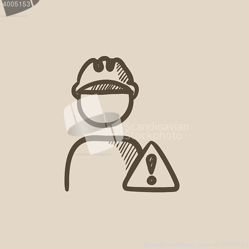 Image of Worker with caution sign sketch icon.