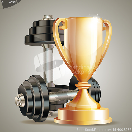 Image of Gold cup with metal realistic dumbbells.