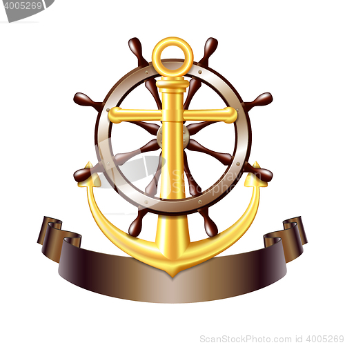 Image of Nautical emblem with golden anchor, vector