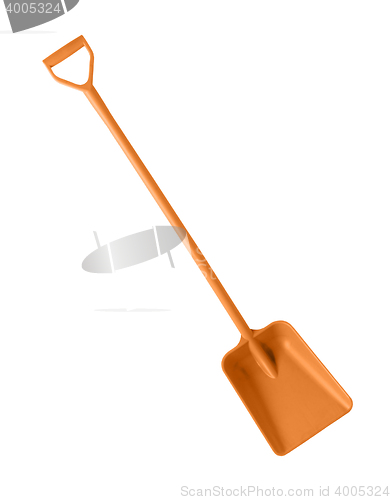 Image of yellow plastic toy shovel, isolated on a white background.
