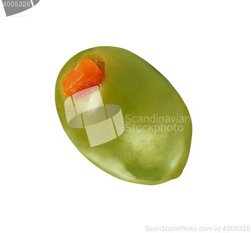 Image of one green olive on white