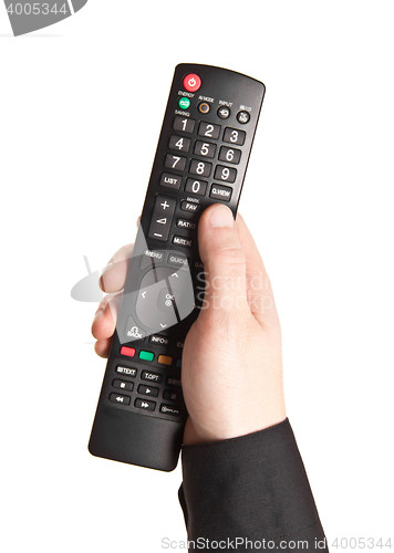Image of Hand with TV remote control isolated