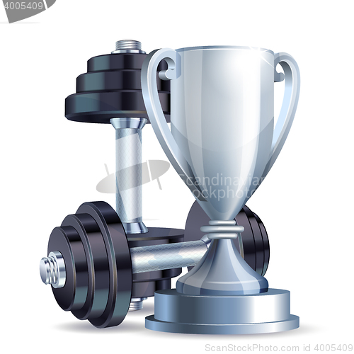 Image of Silver cup with metal realistic dumbbells.
