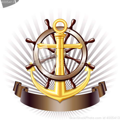 Image of Nautical emblem with golden anchor, vector