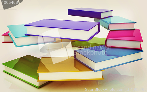 Image of colorful real books. 3D illustration. Vintage style.