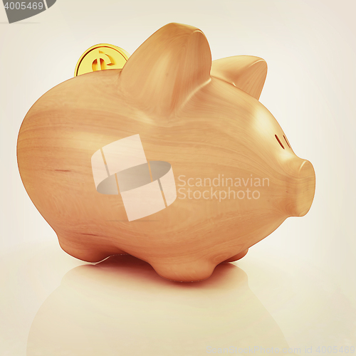 Image of Wooden piggy bank and falling coins. 3D illustration. Vintage st