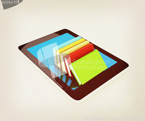 Image of tablet pc and colorful real books. 3D illustration. Vintage styl