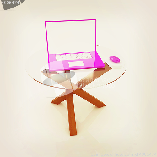 Image of pink laptop on an exclusive table. 3D illustration. Vintage styl