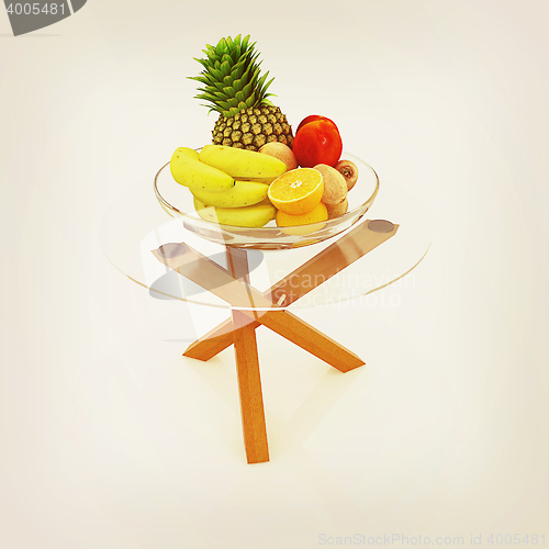 Image of Citrus in a glass dish on exotic glass table with wooden legs. 3