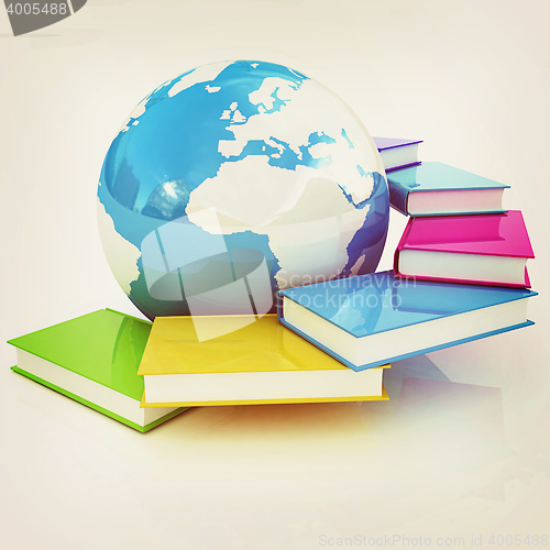 Image of colorful books and Earth. 3D illustration. Vintage style.