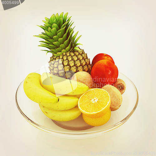 Image of Citrus in a glass dish. 3D illustration. Vintage style.