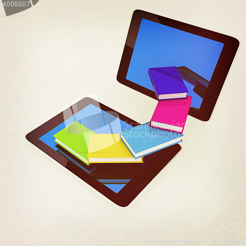 Image of tablet pc and colorful real books. 3D illustration. Vintage styl