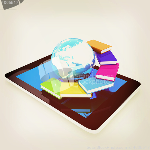 Image of tablet pc and earth with colorful real books. 3D illustration. V