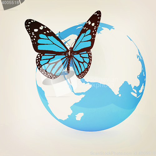 Image of Earth and butterfly. 3D illustration. Vintage style.