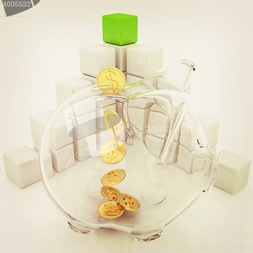 Image of cubic diagram structure and piggy bank. 3D illustration. Vintage