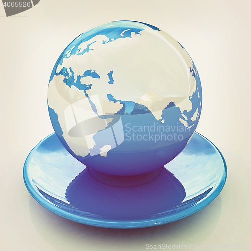 Image of Globe on a saucer. 3D illustration. Vintage style.