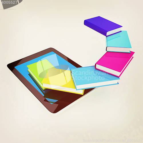 Image of tablet pc and colorful real books. 3D illustration. Vintage styl