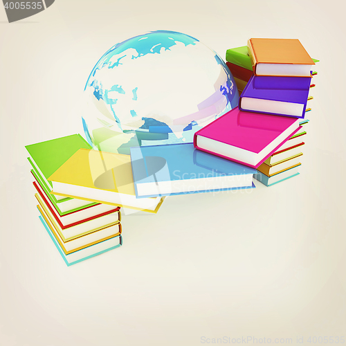 Image of Colorful books and earth. 3D illustration. Vintage style.