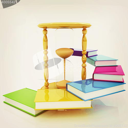 Image of Hourglass and books. 3D illustration. Vintage style.