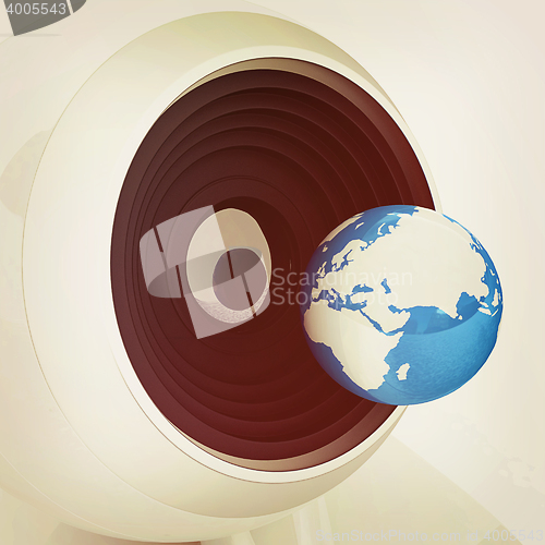 Image of Web-cam and earth. Global on line concept. Close-ap. 3D illustra