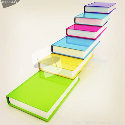 Image of colorful real books. 3D illustration. Vintage style.