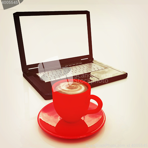 Image of 3d cup and a laptop. 3D illustration. Vintage style.