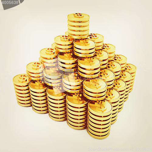 Image of Gold dollar coins. 3D illustration. Vintage style.