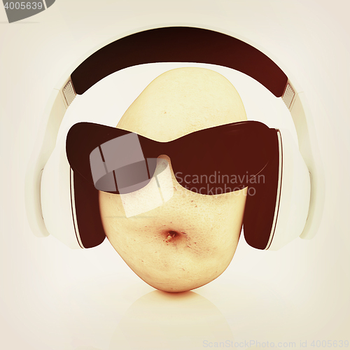 Image of potato with sun glass and headphones front \"face\". 3D illustrati
