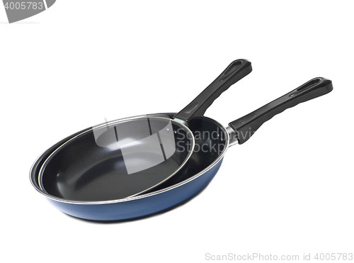 Image of two pans isolated on white background.