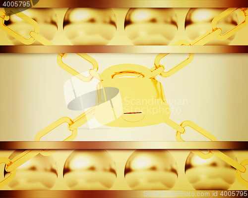 Image of Abstract template with golden spheres and padlock. 3D illustrati