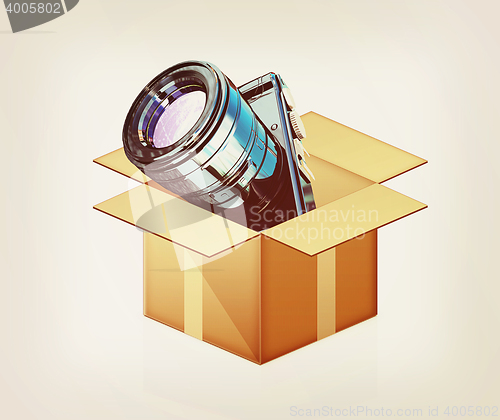 Image of camera out of the box. 3D illustration. Vintage style.