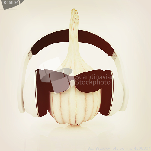 Image of Head of garlic with sun glass and headphones front \"face\". 3D il