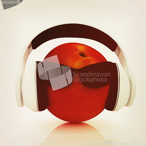 Image of fresh peaches with sun glass and headphones front \"face\" . 3D il