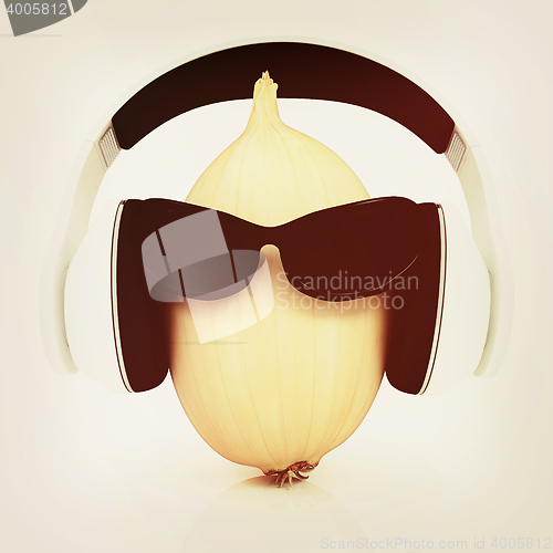 Image of Ripe onion with sun glass and headphones front \"face\". 3D illust