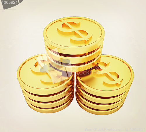 Image of Gold dollar coins. 3D illustration. Vintage style.