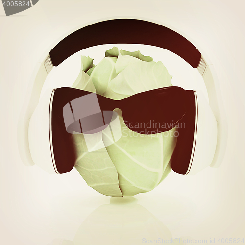 Image of Green cabbage with sun glass and headphones front \"face\". 3D ill