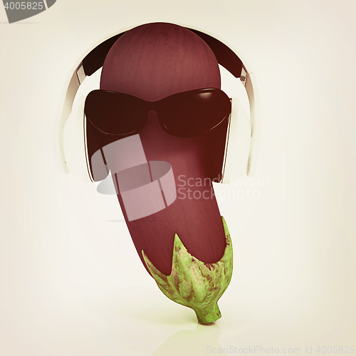 Image of eggplant  with sun glass and headphones front \"face\". 3D illustr