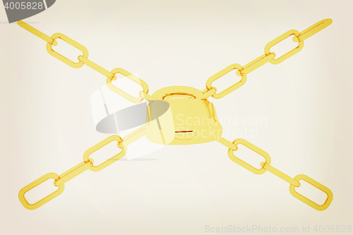 Image of gold chains and padlock on white background - 3d illustration. 3