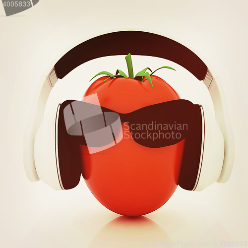 Image of tomato with sun glass and headphones front \"face\". 3D illustrati