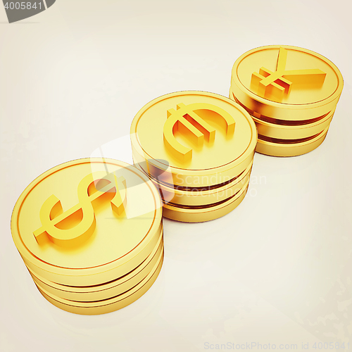 Image of gold coins with 3 major currencies. 3D illustration. Vintage sty