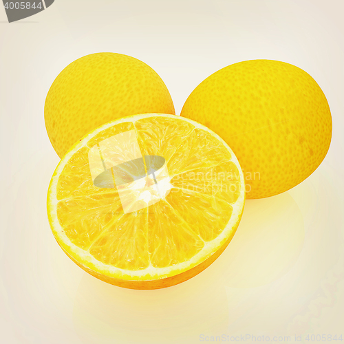 Image of half oranges and oranges. 3D illustration. Vintage style.