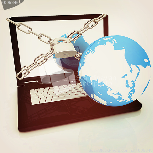 Image of Laptop with lock, chain and earth. 3D illustration. Vintage styl