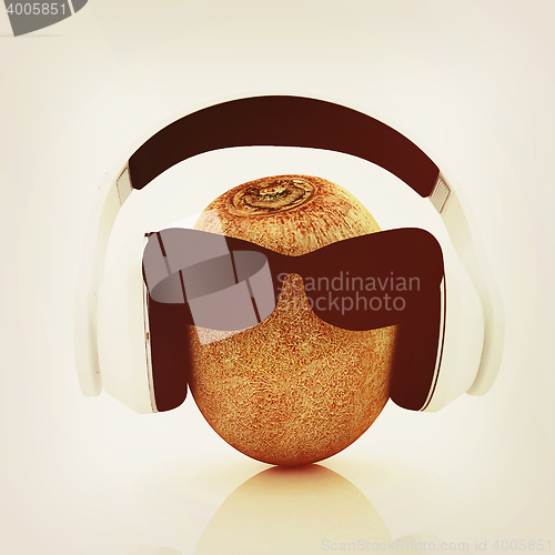 Image of kiwi with sun glass and headphones front \"face\". 3D illustration