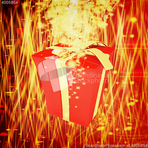 Image of red gift box with golden ribbon on fantastic background. 3D illu