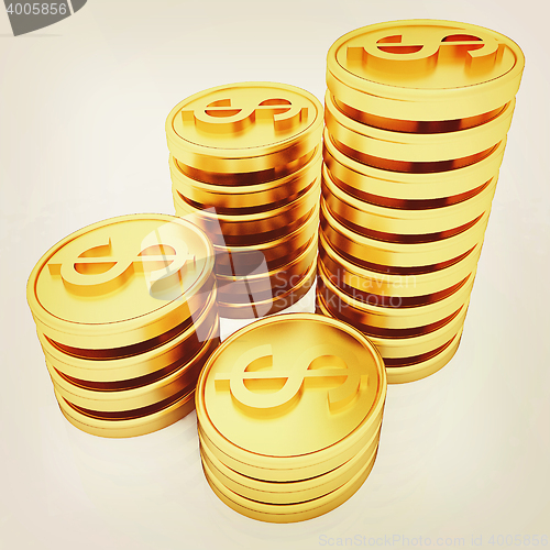 Image of Gold dollar coins. 3D illustration. Vintage style.