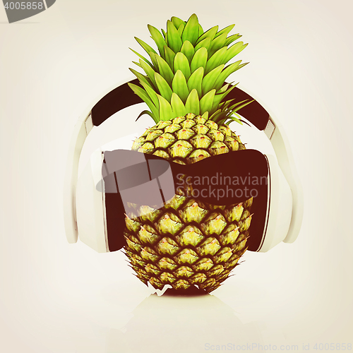 Image of Pineapple with sun glass and headphones front \"face\". 3D illustr