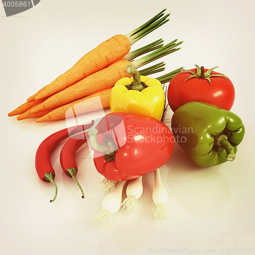 Image of fresh vegetables with green leaves. 3D illustration. Vintage sty