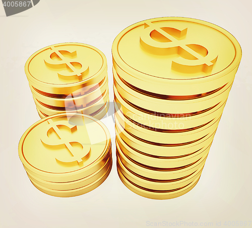 Image of Gold dollar coins. 3D illustration. Vintage style.